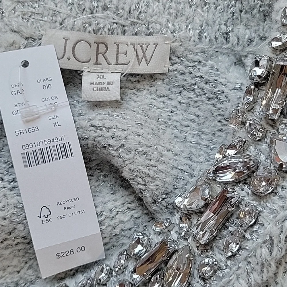 J Crew Embellished pullover Rhinestone Collar sweater XL Grey CE731